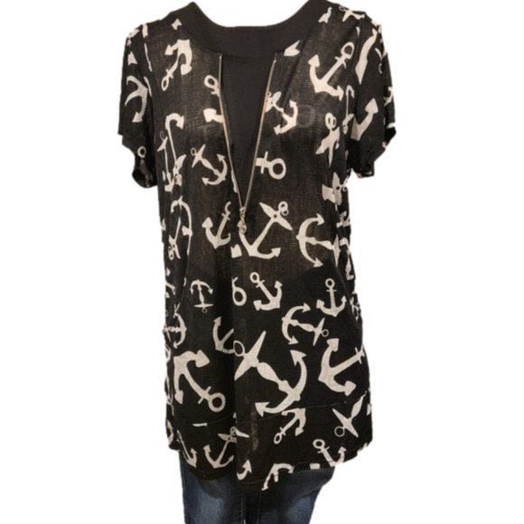 Source Unknown  Nautical Anchor Print Short Sleeve Top With Front Zip - Picture 1 of 7